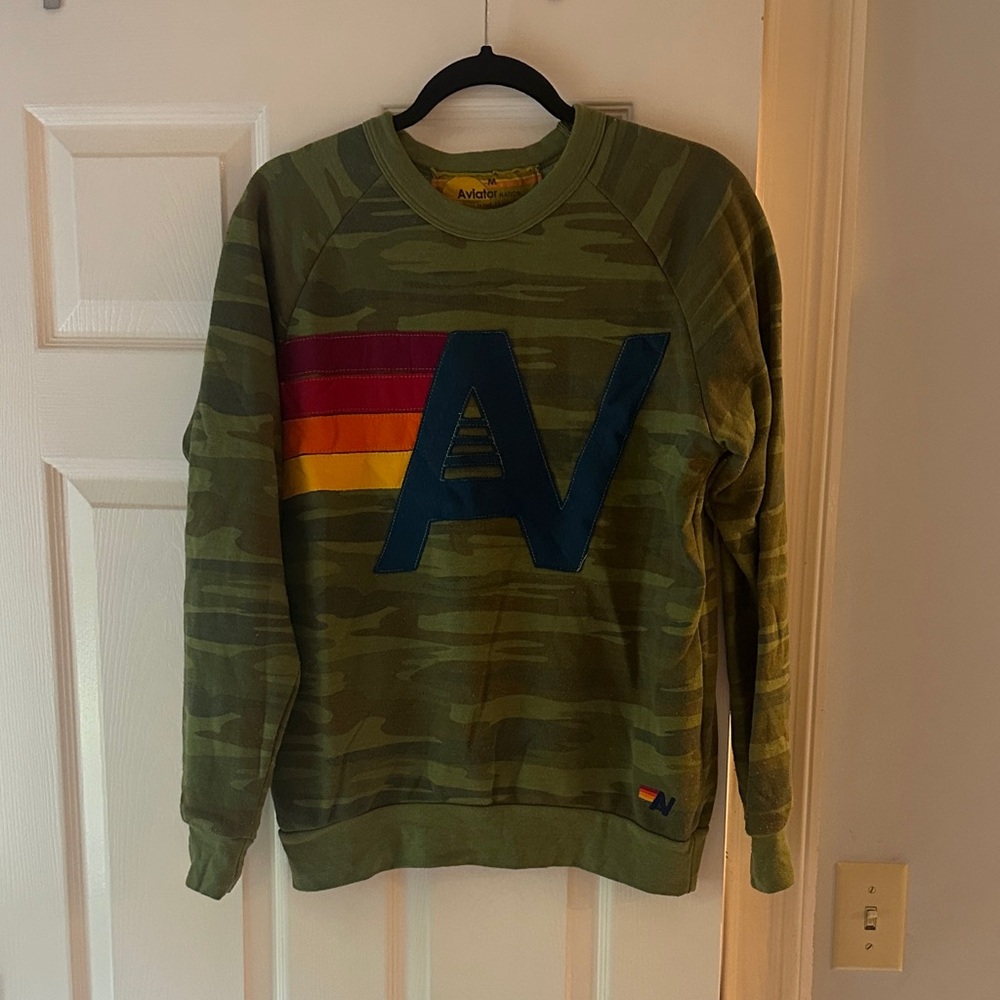 Aviator Nation Camouflage Crewneck Sweater with Multicolor Stripes